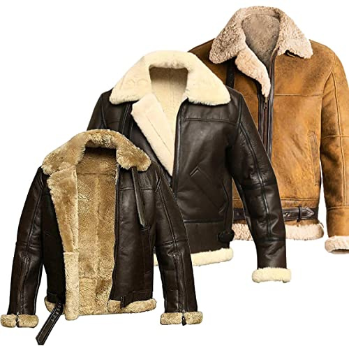 Blouson en cuir véritable en peau de mouton shearling pour homme B3 pilote aviateur de la RAF de la Seconde Guerre mondiale cockpit volant intérieur épais en laine marron