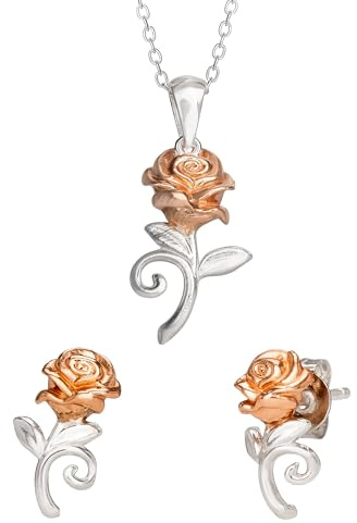 Disney Beauty And The Beast Rose Sterling Silver and Rose Gold Necklace and Earring Set S901065TL
