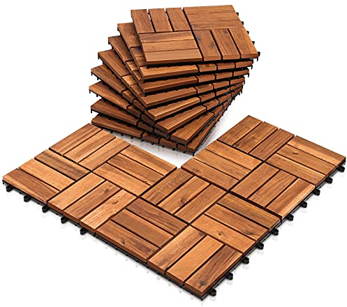 Joparri träplattor, 30 x 30 cm golvplattor, 11 styck, 1 m² terrasskakel, akaciatträ, klicksystem, väderbeständigt, lätt att lägga till, för uteplatsplattor balkong, kakel trädgård, brun