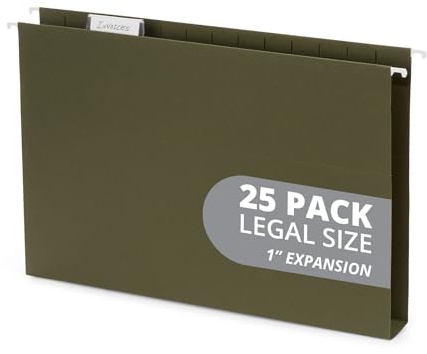 Blue Summit Supplies Legal Hanging File Folders, 25 Hanging Files with 1 Expansion, Includes 1/5 Cut Tab Inserts, Standard Green, Expanding Hanging Files with Extra Capacity, 25 Pack