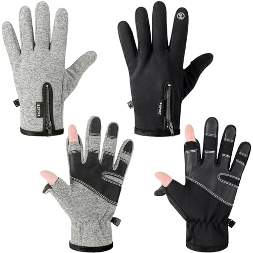 Bencailor 2 Pairs Windproof Waterproof Fingerless Gloves Winter Touchscreen Gloves Men Cold Weather Cycling Supplies (Large,Black,Gray)