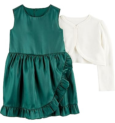 Simple Joys by Carter's Girl's 2-Piece Special Occasion Dress and Cardigan Set, Emerald Green/White, 18M, Emerald Green/White, 18 Months