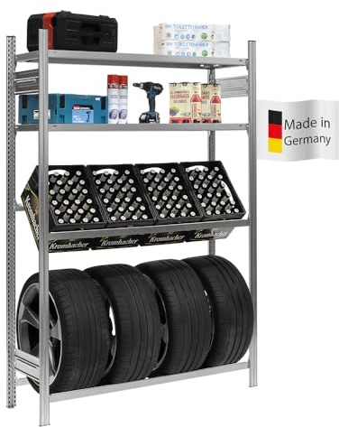 PROREGAL Chiemsee Étagère pour Caisses à Boissons et Pneus - Fabriquée en Allemagne - 200 x 136 x 43,5 cm - 3 Caisses + 4 Pneus et 2 Planches - Galvanisé - Pour Garage