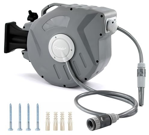 Crystals 15/20M Hose Reel Compact Wall-Mounted or Portable Reel with Retractable Rewind Function, Package Includes Nozzle, Fittings & Fixings, Grey
