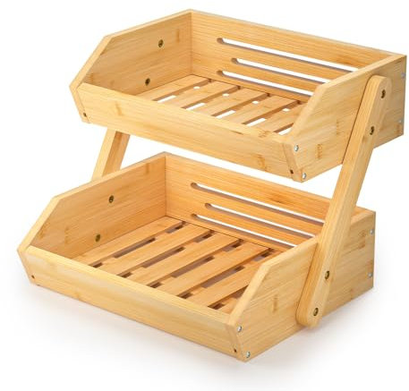 Calm Cozy Support de Corbeille à Fruits en Bambou à 2 étages, Support à Panier de Fruits Rangement pour les légumes pour plan de travail de cuisine pour Fruits, Légumes, Pain, collation