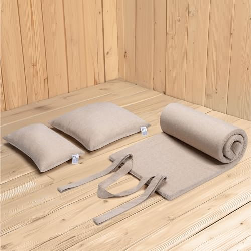 JEMIDI Accessoires Sauna - Lot 2x Coussin Original 50x50 et 30x50 avec 1x Coussin pour Chaise Longue 170x50 - Accessoire de Relaxation Confort Aspect Lin pour Jardin Piscine
