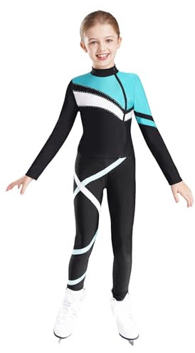 Miaeowve Eislauf Outfit Kinder Mädchen Tanzkleidung Langarm Strass Glitzer Sportjacke Mit Streifen Patchwork Tanzhose 2tlg Gymnastik Trainingsanzug Blau Grün 134-140