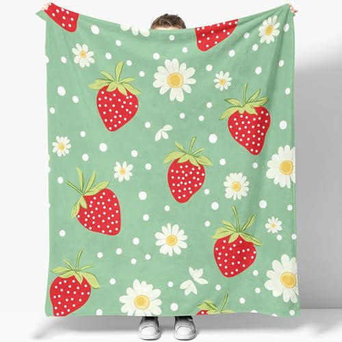 Decke 180 x 220 cm Kuscheldecken Vintage Erdbeere Blumen Muster Flanell Weich Fleecedecke Bettüberwurf flauschig und weich Sofadecke Couchdecke für Teenager Luxus Rot Grün