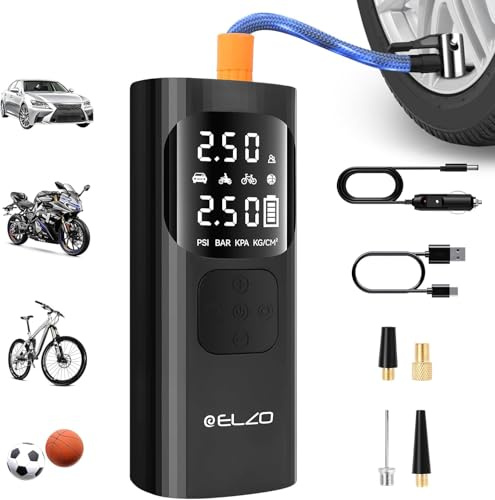ELZO Elektrische Luftpumpe, Akku Luftpumpe Kompressor Pump Electric 150PSI 7500mAh Tragbarer Akku Kompressor mit Digitale LCD-Bildschirm Pressure mit Autostop Auto für Fahrrad Motorrad Bälle