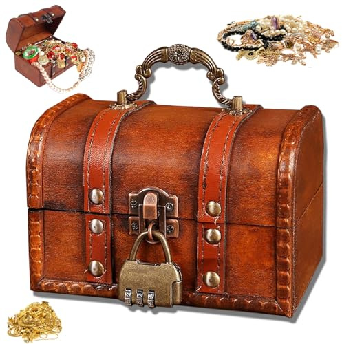 Coffres au Trésor en Bois Boîte au Trésor, Boîte à Bijoux Vintage avec Couvercle, Petit Coffre au Trésor de Pirate avec Cadenas Coffre en Petit Coffre de Rangement pour Stockage Décoration, Marron