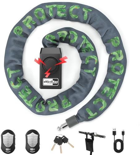 eMjollRay Candado de Bicicleta de 120cm con Alarma de 110dB, Candado de Cadena Antirrobo para Bicicleta Eléctrica, 8mm de Grosor, 2 Mandos a Distancia, 3 Llaves, Cable USB C