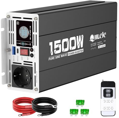 HLCJC 1 500 W/3 000 W ren sinus 12 V till 230 V, 1 EU-kontakt, 1 x EU-kontakt, 1x USB-C PD 30 W, 1x USB-A QC 3.0 18 W snabbladdning, LCD-skärm för husbil, lastbil, fordon