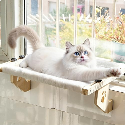PORFOYO - Hamac pour chat - 50 x 38 cm - Chaise longue pour rebord de fenêtre - Montage mural - Rebord de fenêtre - Chaise longue pour chat avec tapis en fourrure de lapin - Pour chats jusqu'à 14 kg