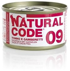 Natural Code Cibo Umido Sfilaccetti per Gatti, alimento completo per gatti adulti di tutte le taglie e razze, N 09 Tonno e Gamberetti, 12 scatolette da 85 grammi l'una, 12x85 gr.