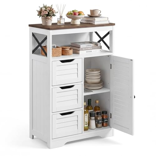 BonVache Kitchen Cabinet, Louvre design, Sideboard with Open Compartment and Drawer, Kitchen Cupboard with Adjustable Shelf, Ideal for Dining Room, Living Room