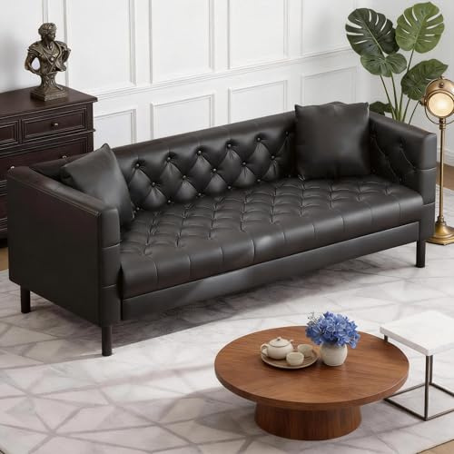 GarveeHome 78 Leather Couch for Living Room, Button-Tufted 3 Seater Sofa with 2 Pillows and Deep Seat, Modern Mid-Century Leather Sofa for Apartment, Office
