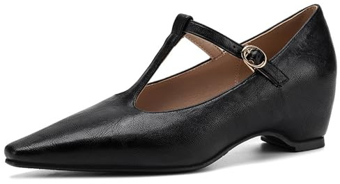 Dam court skor spets T-rem spänne medelhög klack Mary Jane pumps eleganta affärsskor av mikrofiber för kontor och möten