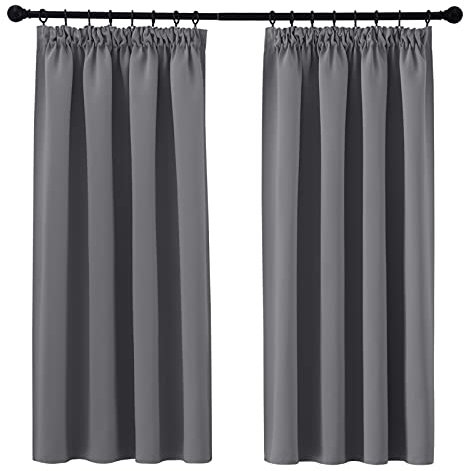 PONY DANCE Pencil Pleat Blackout Curtains Grey Thermal Insulated Curtains 46x54 Inch Drapes for Bedroom, Kitchen, Short Window Curtains with Hooks for Track Rail, W46 X L54, 2 Panels