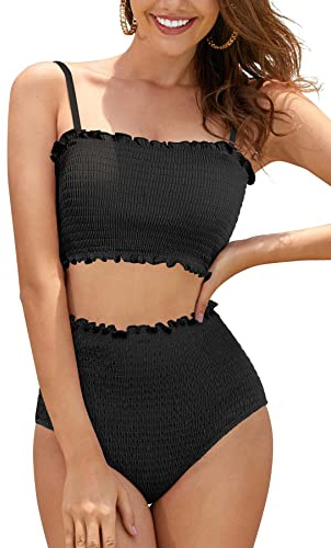 SHEKINI Costume da Bagno da Donna Shirred Bandeau Bikini in Vita Alta Senza Spalline Due Pezzi(XL,Nero)