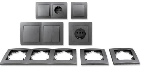 McPower | Schalter und Steckdosen Set Flair Flur | 13-teilig | anthrazit | Wechselschalter | Taster | Steckdose | Glasrahmen | UP-Montage