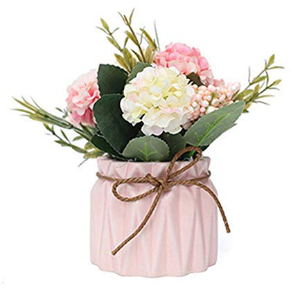 Hisow Fake Hydrangeas with Pot, Mini Hydrangea Artificial Flowers Artificial Plant in Ceramic Vase for Office Desktop Decorations (Pink) Small
