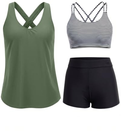 Holipick Black Striped 3 Piece Tankini Swimsuits for Women Tummy Control Bathing Suits Swim Tank Top with Bra Boy Shorts Teen Swimwear L