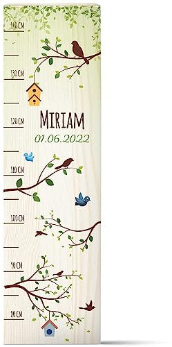GRAVURZEILE Messlatte für Kinder aus Holz - Vögel Design - mit Namen & Datum für Kinderzimmer - Skala misst 80-140 cm - Größe 20 x 70 x 2 cm - Geschenk zur Geburt für Mädchen & Jungen