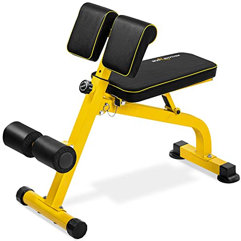 BODYRHYTHM Compact Adjustable Weighted Bench for Full Body Strength Training, Ab/Back Hyper Roman Chair, Adjustable Ab Sit up Bench, Hyperextension Bench, Back Extension Machine (Yellow)