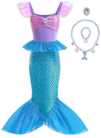Clundoo Costume da Principessa Sirena per Bambina, Sirena Principessa Vestito Costume, Vestito Principessa Ariel Sirena per Bambina per Halloween, Natale, Cosplay, Compleanno (130cm)