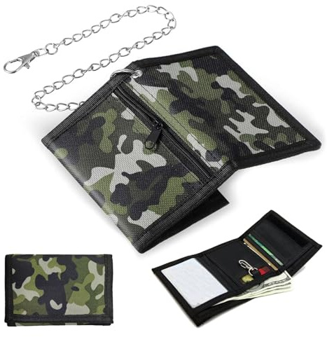 Herbst Geldbeutel Kinder Jungen Camouflage Grün, Geldbörse Jungen Geldbörse Jungen mit Kette Clip Reißverschluss Faltbare Portemonnaie Kinder Geldbeutel Jungs Wallet für Teenager Jungen Herren
