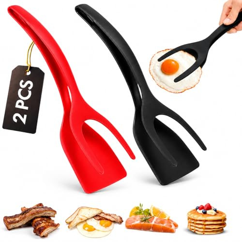 ZONZEST Egg Flipper Spatula Tongs (Set of 2) – Non-Stick 2-in-1 Grip & Flip Kitchen Tongs for Pancakes, Fish, Eggs, and More – Heat Resistant Cooking Tool (Black + Red)