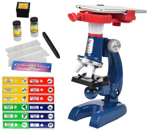 Kids Microscope With Phone Clip - Educational Science Kit for Beginners, 100X 400X 1200X Magnification, LED Light, 12 Prepared Slides, Blue