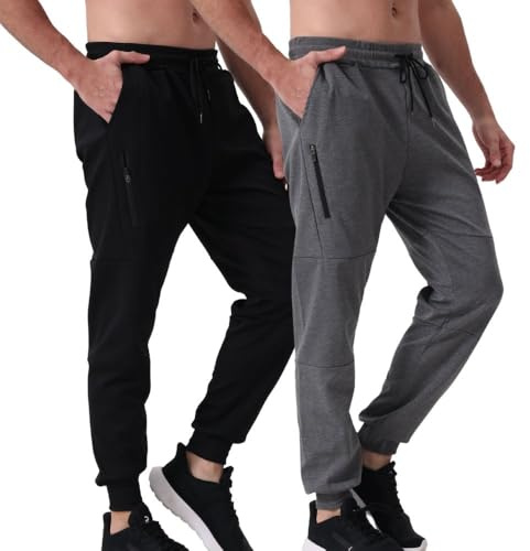 Hpbygstae Pack de 2 pantalones de jogging para hombre con cremallera, pantalones ajustados con bolsillos para hombre, cintura elástica, pantalones de running para hombre, pantalones de chándal para