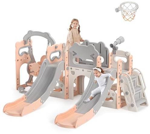 Lischwert Tobogán Infantil con aro de Baloncesto, Caja de Almacenamiento y tobogán telescópico Independiente, para Interior y Exterior, tobogán de jardín, Parque Infantil (Rosa Gris 8-in-1)