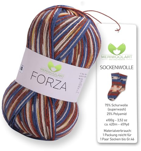 MeriWoolArt® Hilo de Calcetines 4 hebras – 100g Lana Merino para Tejer y Ganchillo, 75% Lana Virgen, 25% Poliamida, 420m – Ideal para Calcetines, Jerséis y Cárdigans