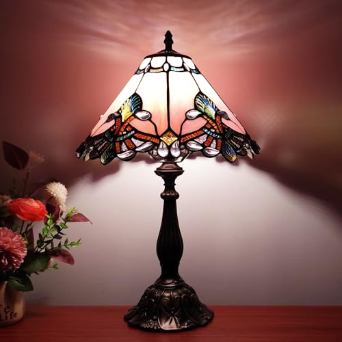 XPHMXP Tiffany Lamp Stained Glass Lamp 3 -Way Tiffany Style Antique Lamp Vintage Pink Baroque Style Bedside Table Light for Home Office (Included 3 Colors LED Bulb)