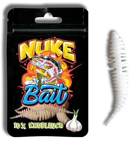 Nuke Bait - Esca per trote/persico, Twister con aroma - 5 pezzi - L'originale - Esca persico, esca in gomma con attrattiva, esca da pesca, pesce predatore (aglio, bianco, 6 cm)