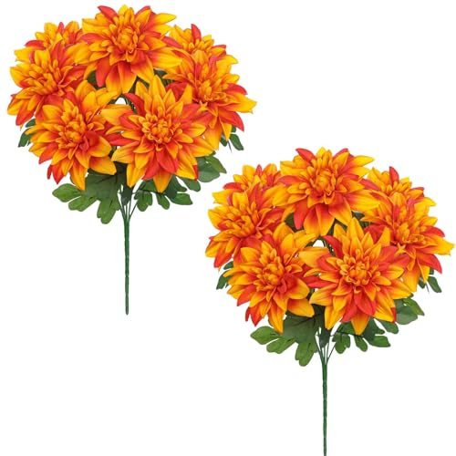 Hollyone 2 st Orange Dahlia-buntar, 12 cm stora konstgjorda blommor med 14 stycken Dahlia-blomhuvuden, silkesblommor för blomsterarrangemang, heminredning, bröllop, DIY, vardagsrumsdekorationer