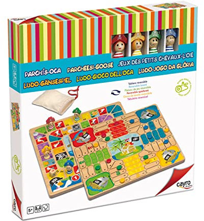 Cayro - Parchís y Oca - + 5 Años - Modelo Piratas - Doble Juego de Mesa para Niños y Adultos - Tablero Reversible y Piezas de Madera - 2 a 4 Jugadores