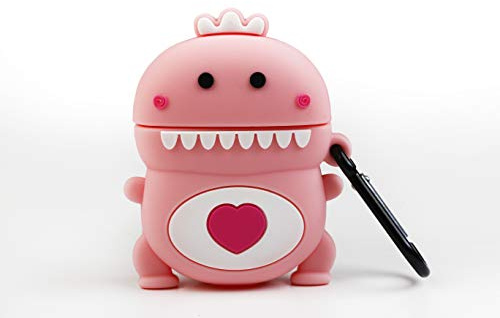Funny Earbuds Cases - Funda Protectora de Silicona para Auriculares inalambricos - Diseño dragón Rosa con corazón y mosquetón Anti pérdida