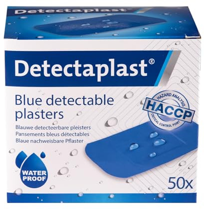 Universella blå Detectaplast-plåster, metalldetekterbara och vattentäta plåster för catering som första hjälpen i livsmedelshanteringsmiljöer, första hjälpen kök, 50x72 mm, 50 st.