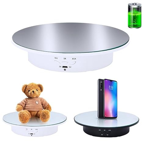 JAYEGT Motorized Rotating Display Stand, 7.87inch /17.6lbs Load, 360 Degree Electric Rotating Turntable for Photography Products, Jewelry, Cake,3D Model , Mirror Cover (White/Button Control)