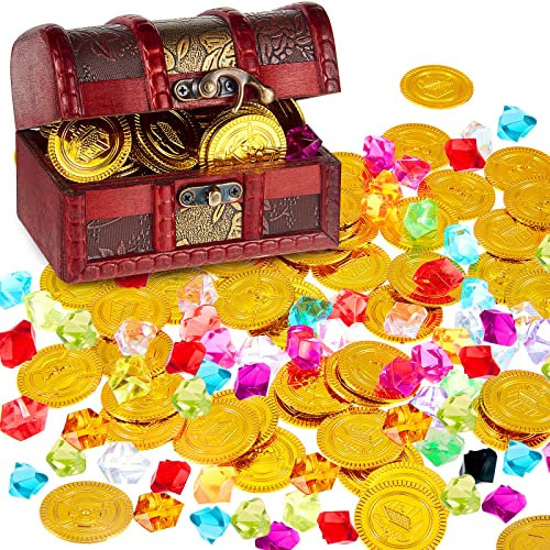Hestya Pirate Treasure Chest Toy with 50 Plastic Gold Coins and 50 Fake Gems, Pirate Gems Toys Antique Treasure Box with Lock Fake Gemstones for Christmas Halloween Party Favors Hunt Game (Classic)
