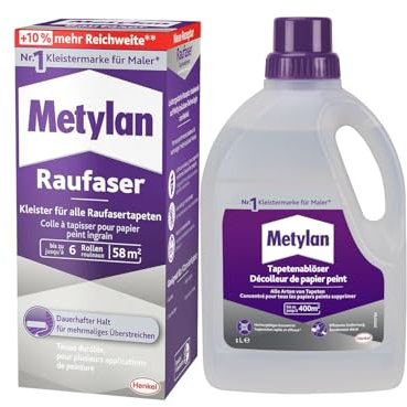 Metylan Raufaser, Tapetenkleister für Raufasertapete mit hoher Anfangsklebkraft (1x360g) & Metylan Tapetenablöser Aktiv-Konzentrat, löst schnell und problemlos (1x 1l)