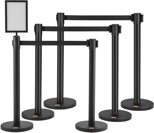 VEVOR Poteau de Guidage 6PCs Barrière de Balisage pour Contrôle de Foules avec 3 Rubans Rétractables pour Délimitation Séparation File d'Attente en Public École Théâtre Hôtel Exposition
