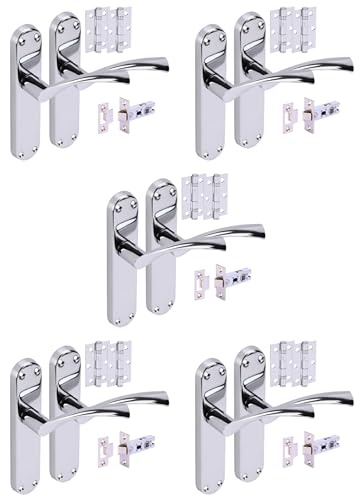 Hunta HANDLEZONE® 5 Sets Lobo Internal Door Handles on Backplate Lever Latch Packs with Ball Bearing Hinges - Polished Chrome