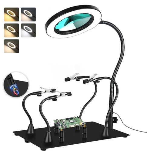 Drdefi Magnetic Helping Hands Soldering Station 10X Magnifying Lamp Large Base Third Hand Jewelry Tool Hands Free Magnifier Weighted Base with 4 Magnetic Pillar Crafts Making Electronic Hobby