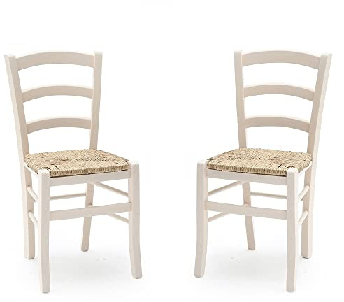 Liberoshopping Sedie cucina in legno massello con seduta in paglia stile rustico VENEZIA Set da 2 (Bianco)