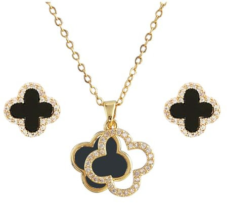Hanaoops smyckeset med fyrklöverblad för kvinnor och flickor, titan, rostfritt stål, svart, lyckoklöver, hängsmycke, halsband och örhängen, set, allergivänliga, dekorativa smycken, set, presenter,