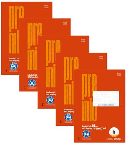 Staufen premio Schulhefte - 5 Hefte je 32 Blatt, Lineatur 5, DIN A5, 90 g/m², kariert 5 mm